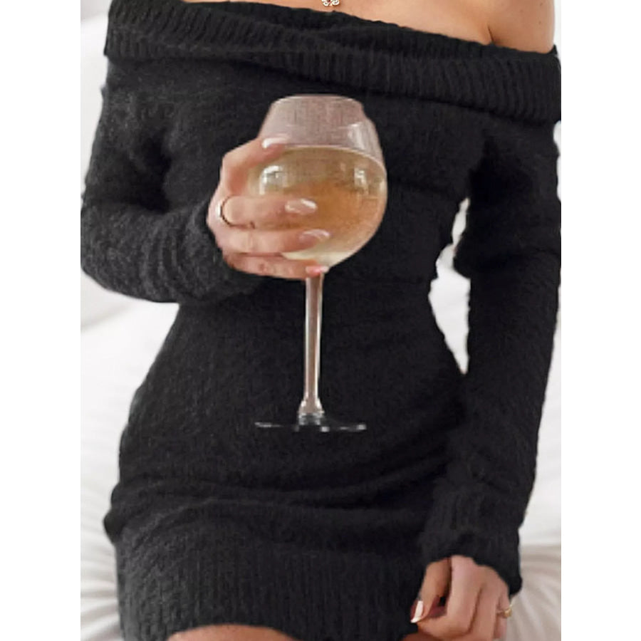 Off-Shoulder Fuzzy Knit Sweater Dress Black / S Apparel and Accessories