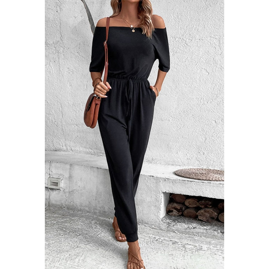 Off-Shoulder Jumpsuit with Pockets Black / S