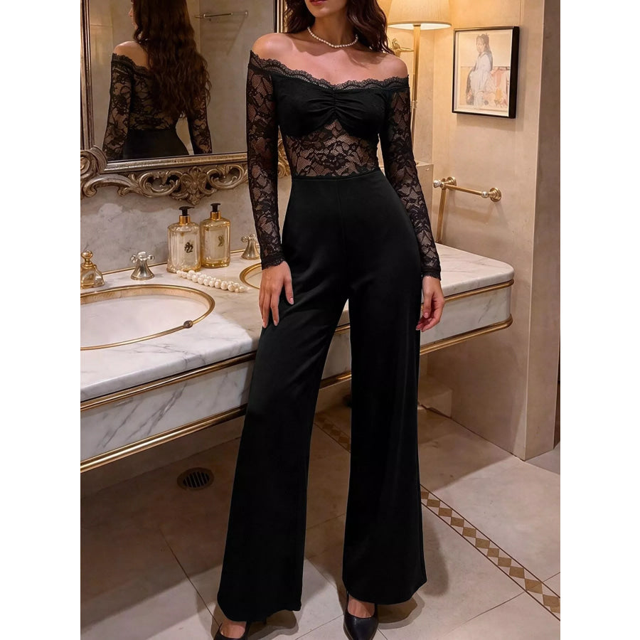 Off-Shoulder Lace Long Sleeve Wide-Leg Jumpsuit Apparel and Accessories