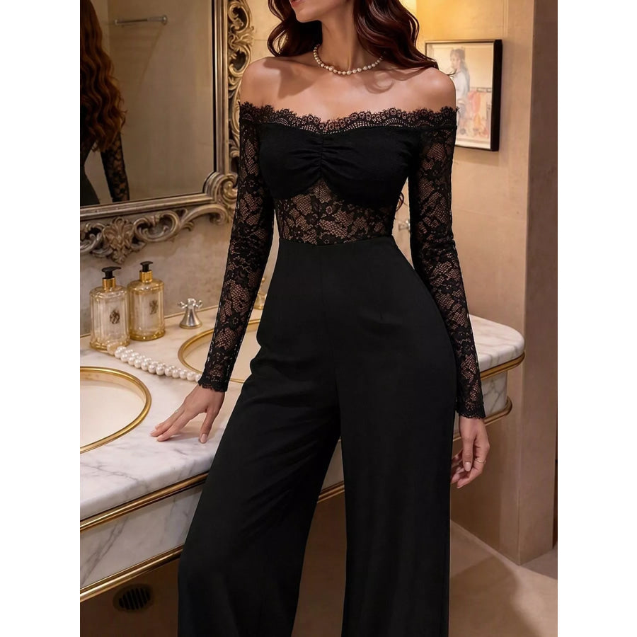 Off-Shoulder Lace Long Sleeve Wide-Leg Jumpsuit Apparel and Accessories