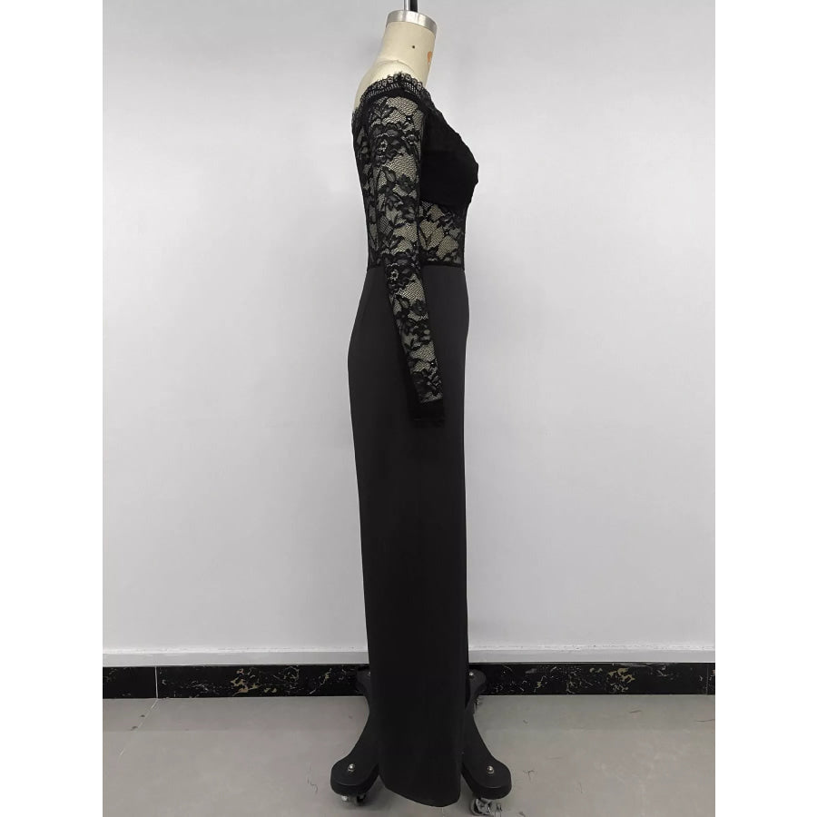 Off-Shoulder Lace Long Sleeve Wide-Leg Jumpsuit Apparel and Accessories