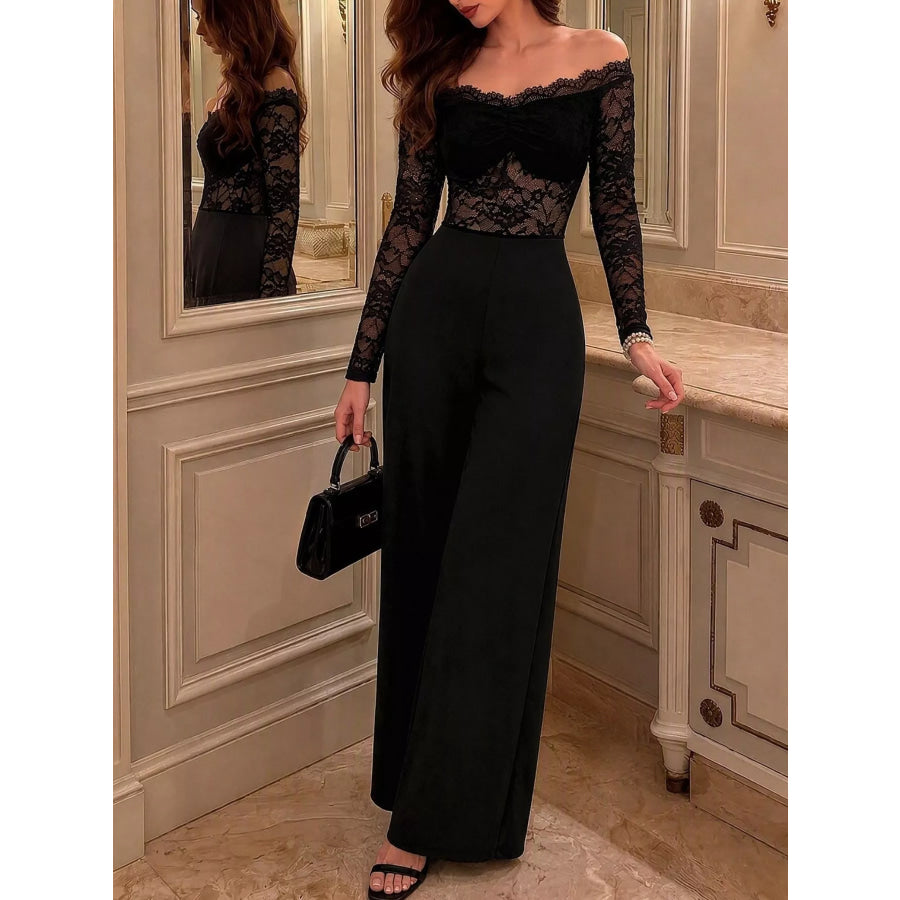 Off-Shoulder Lace Long Sleeve Wide-Leg Jumpsuit Apparel and Accessories