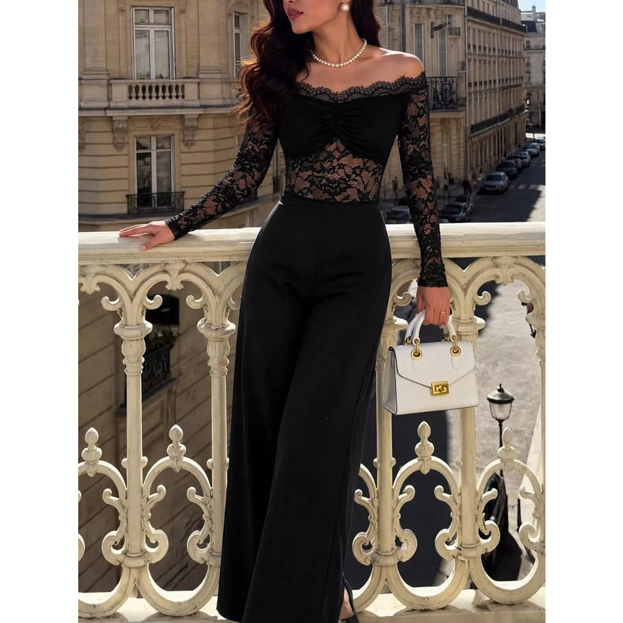 Off-Shoulder Lace Long Sleeve Wide-Leg Jumpsuit Black / S Apparel and Accessories