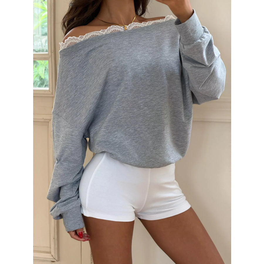 Off-Shoulder Lace Trim Long Sleeve T-Shirt Apparel and Accessories