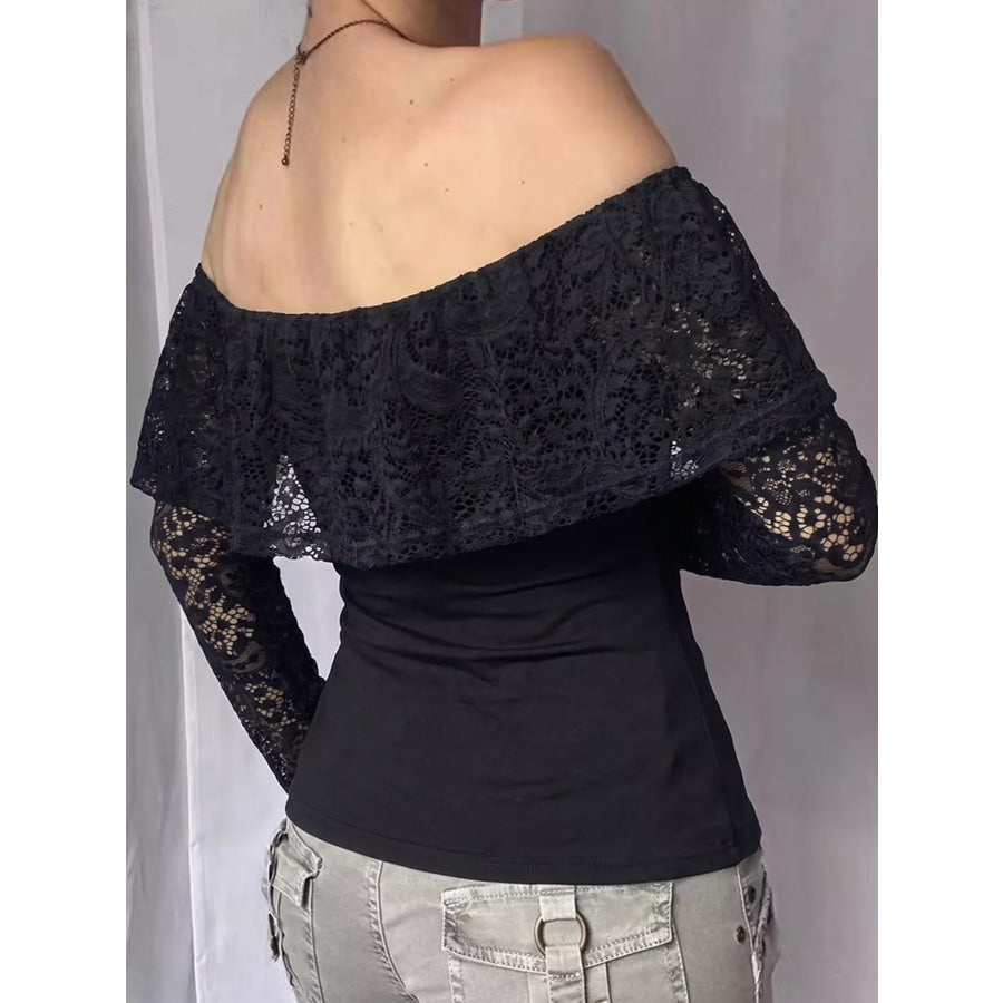 Off-Shoulder Lace Trim Long Sleeve T-Shirt Apparel and Accessories