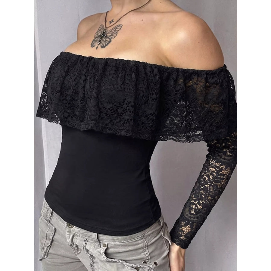 Off-Shoulder Lace Trim Long Sleeve T-Shirt Apparel and Accessories