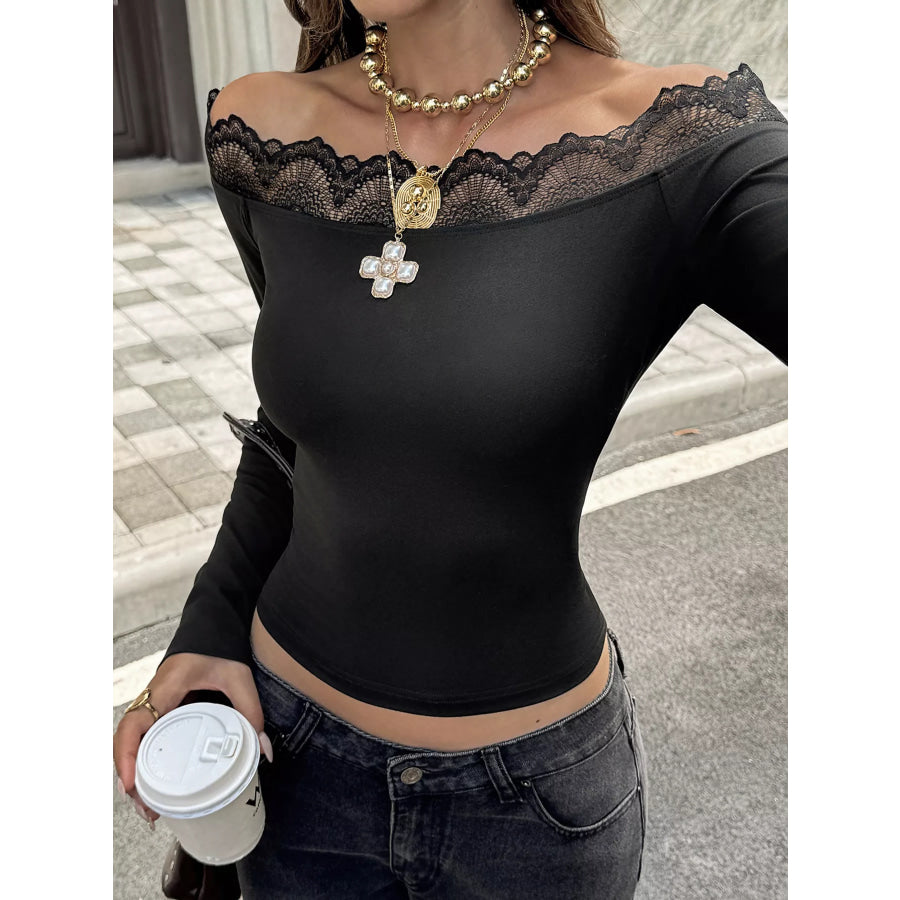Off-Shoulder Lace Trim Long Sleeve T-Shirt Apparel and Accessories