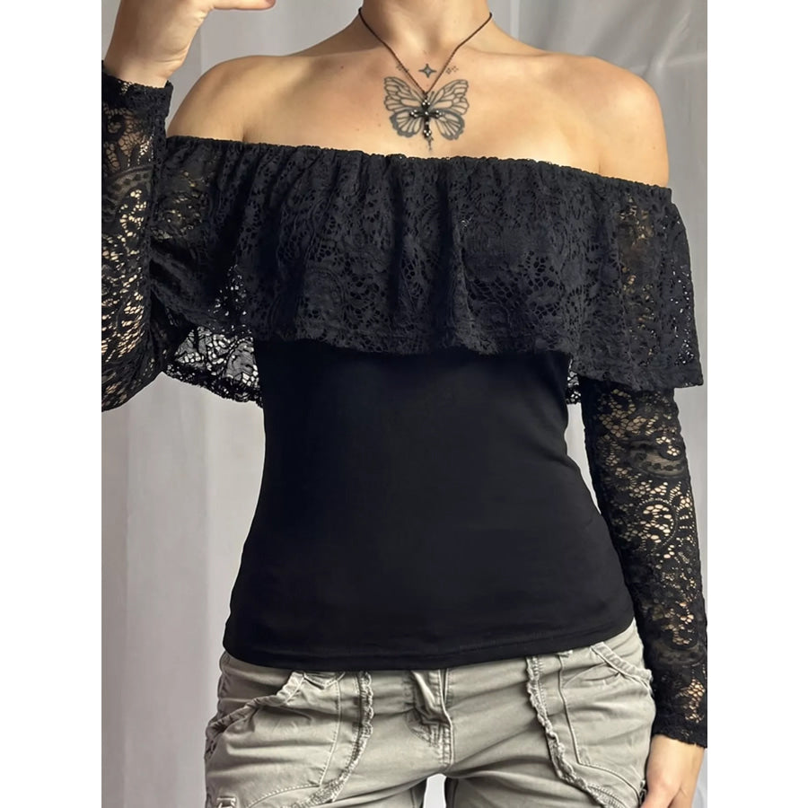 Off-Shoulder Lace Trim Long Sleeve T-Shirt Apparel and Accessories