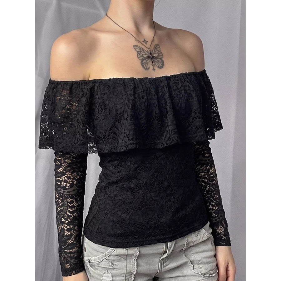 Off-Shoulder Lace Trim Long Sleeve T-Shirt Apparel and Accessories