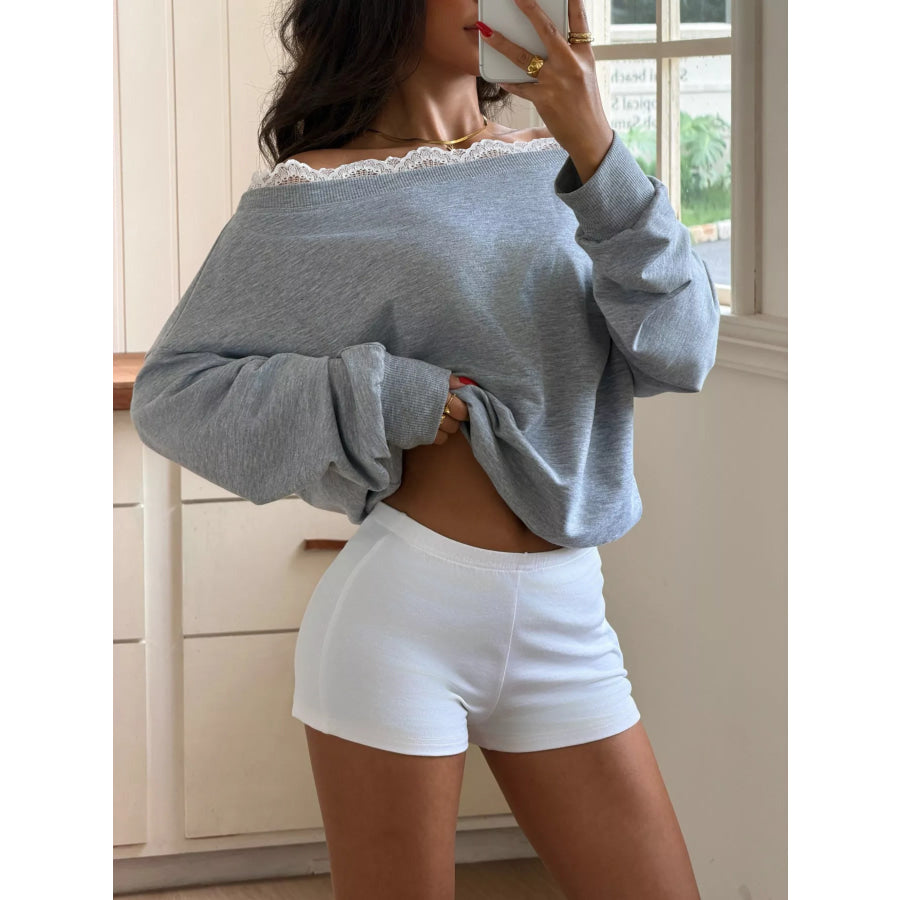 Off-Shoulder Lace Trim Long Sleeve T-Shirt Apparel and Accessories