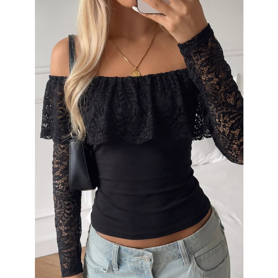 Off-Shoulder Lace Trim Long Sleeve T-Shirt Black / S Apparel and Accessories