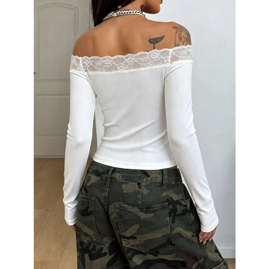 Off-Shoulder Lace Trim Ribbed Long Sleeve T-Shirt Apparel and Accessories