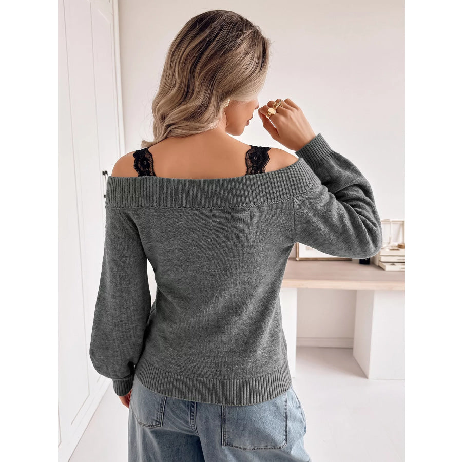 Off-Shoulder Lace Trim Sweater Apparel and Accessories