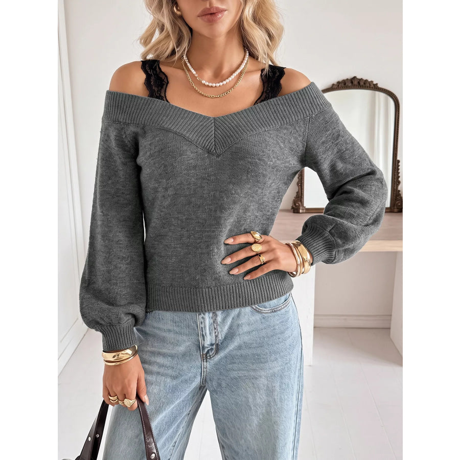 Off-Shoulder Lace Trim Sweater Apparel and Accessories
