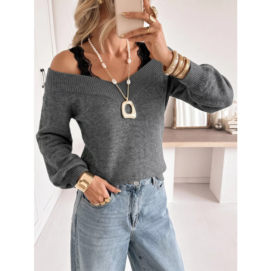 Off-Shoulder Lace Trim Sweater Apparel and Accessories