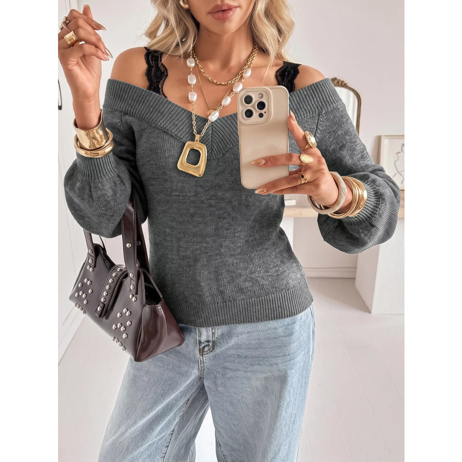 Off-Shoulder Lace Trim Sweater Apparel and Accessories