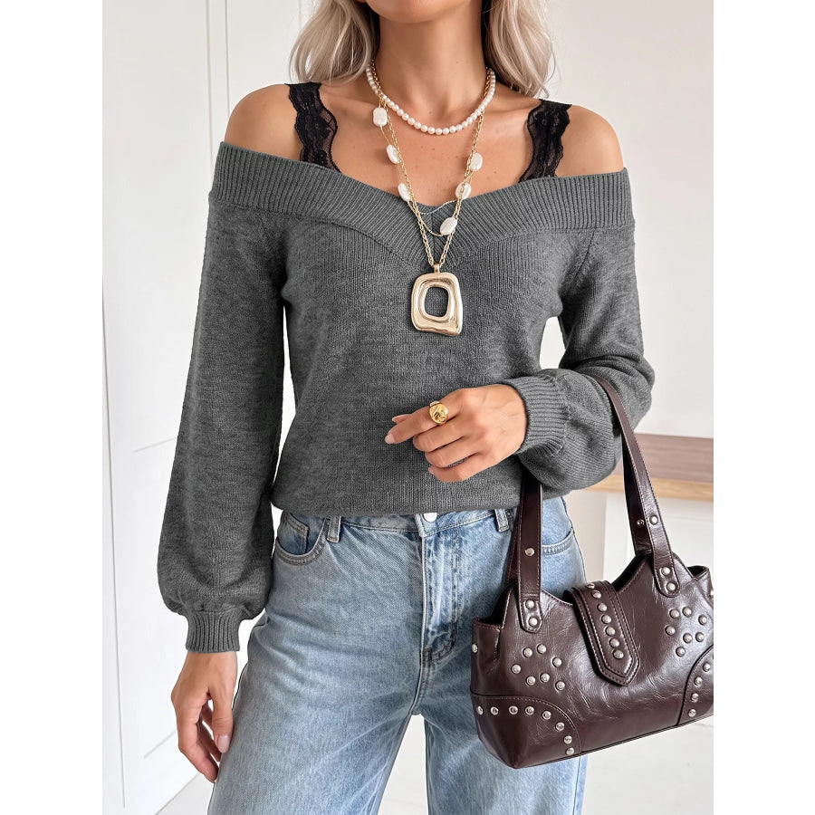 Off-Shoulder Lace Trim Sweater Dark Gray / S Apparel and Accessories