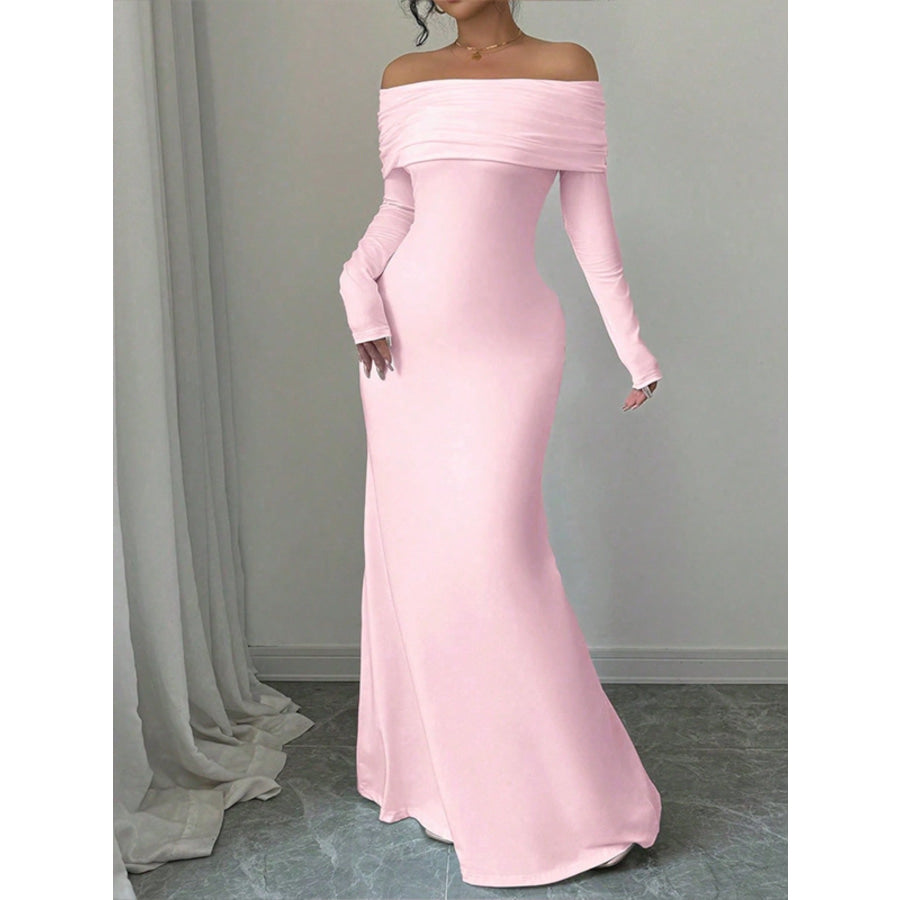 Off-Shoulder Long Sleeve Bodycon Maxi Dress Blush Pink / S Apparel and Accessories