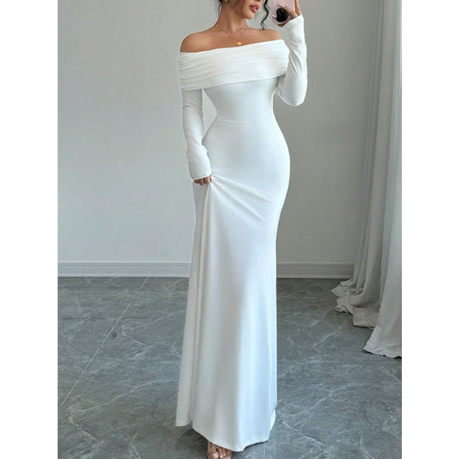 Off-Shoulder Long Sleeve Bodycon Maxi Dress White / S Apparel and Accessories