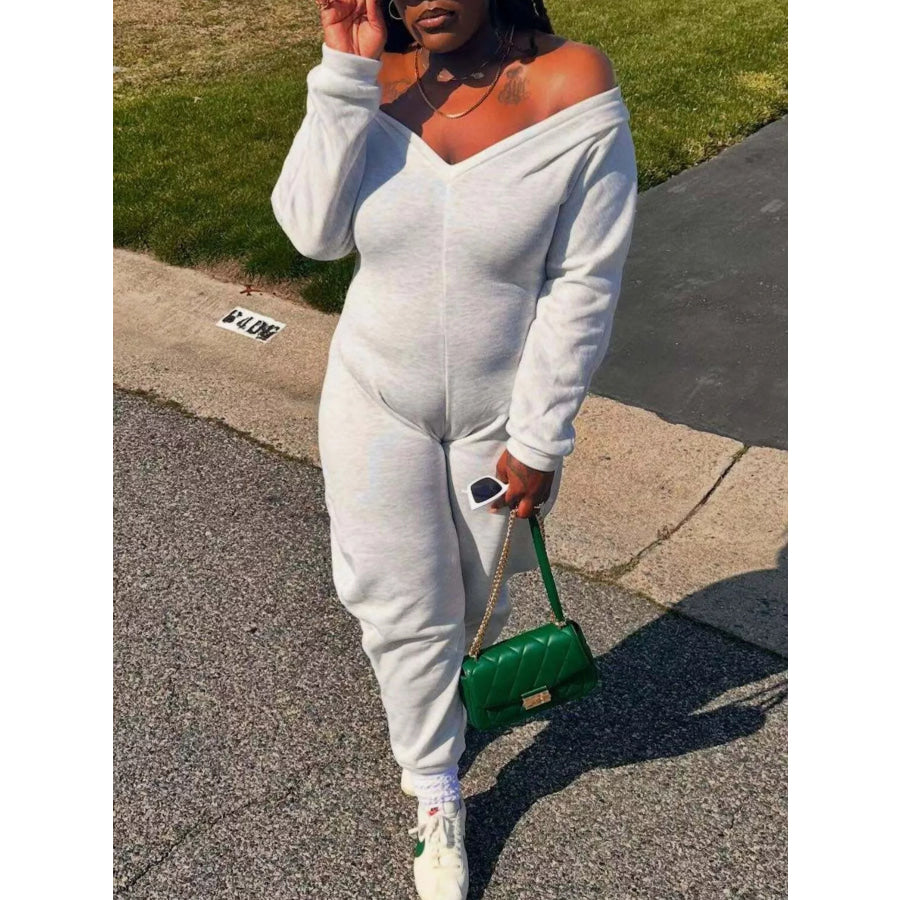 Off-Shoulder Long Sleeve Casual Jumpsuit Light Gray / S Apparel and Accessories