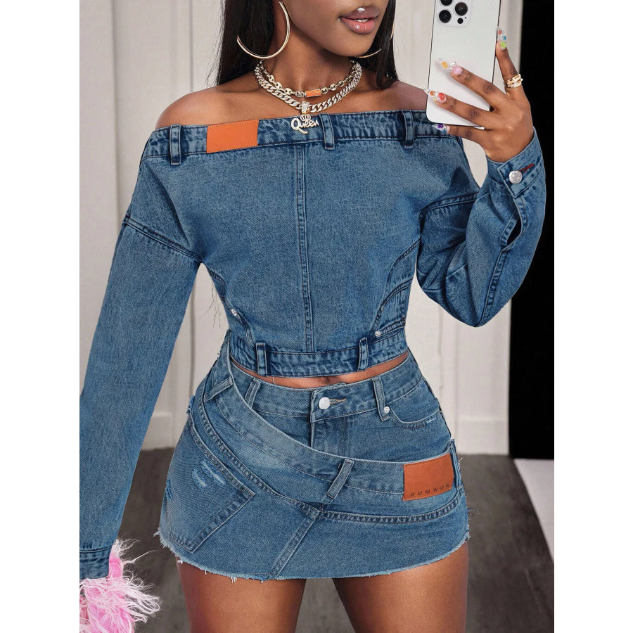 Off-Shoulder Long Sleeve Denim Top Apparel and Accessories