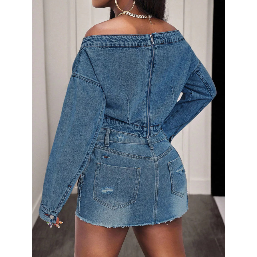 Off-Shoulder Long Sleeve Denim Top Apparel and Accessories