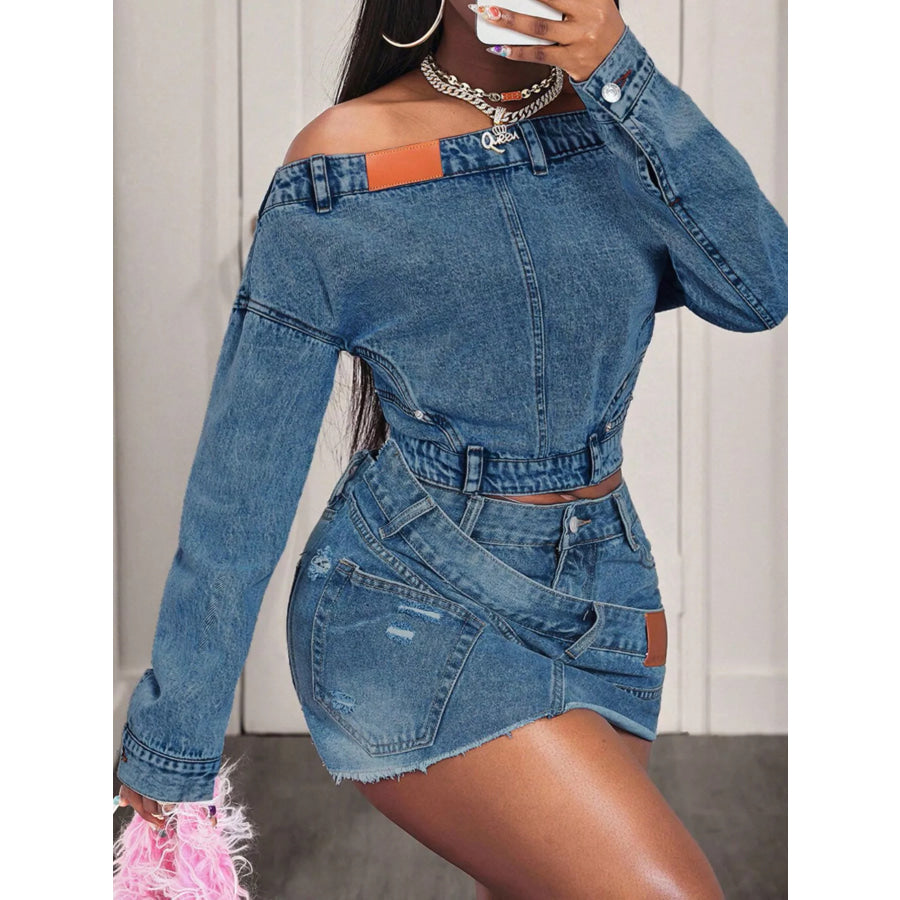 Off-Shoulder Long Sleeve Denim Top Apparel and Accessories