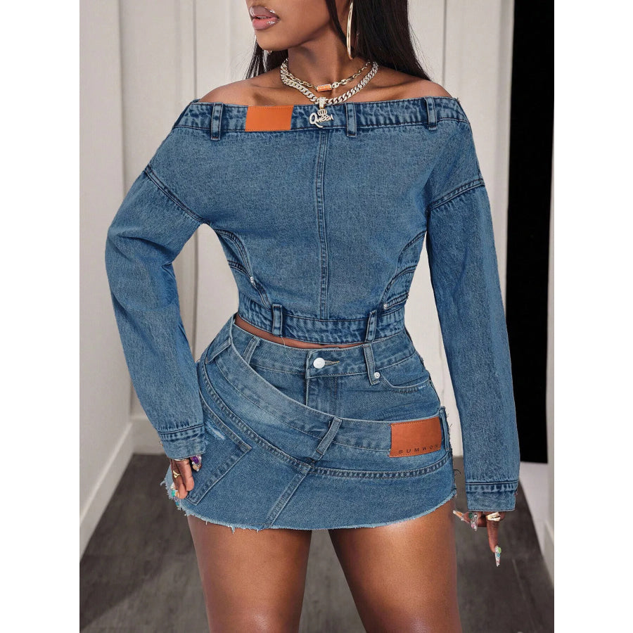 Off-Shoulder Long Sleeve Denim Top Apparel and Accessories