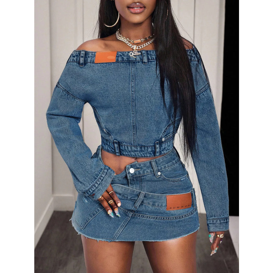 Off-Shoulder Long Sleeve Denim Top Apparel and Accessories