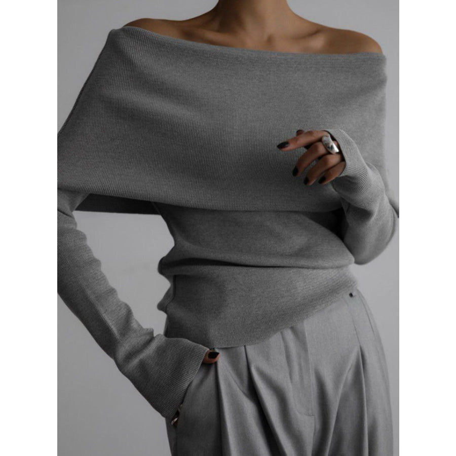 Off-Shoulder Long Sleeve Knit Top Gray / S Apparel and Accessories