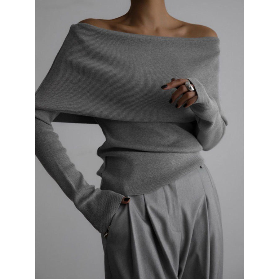 Off-Shoulder Long Sleeve Knit Top Gray / S Apparel and Accessories