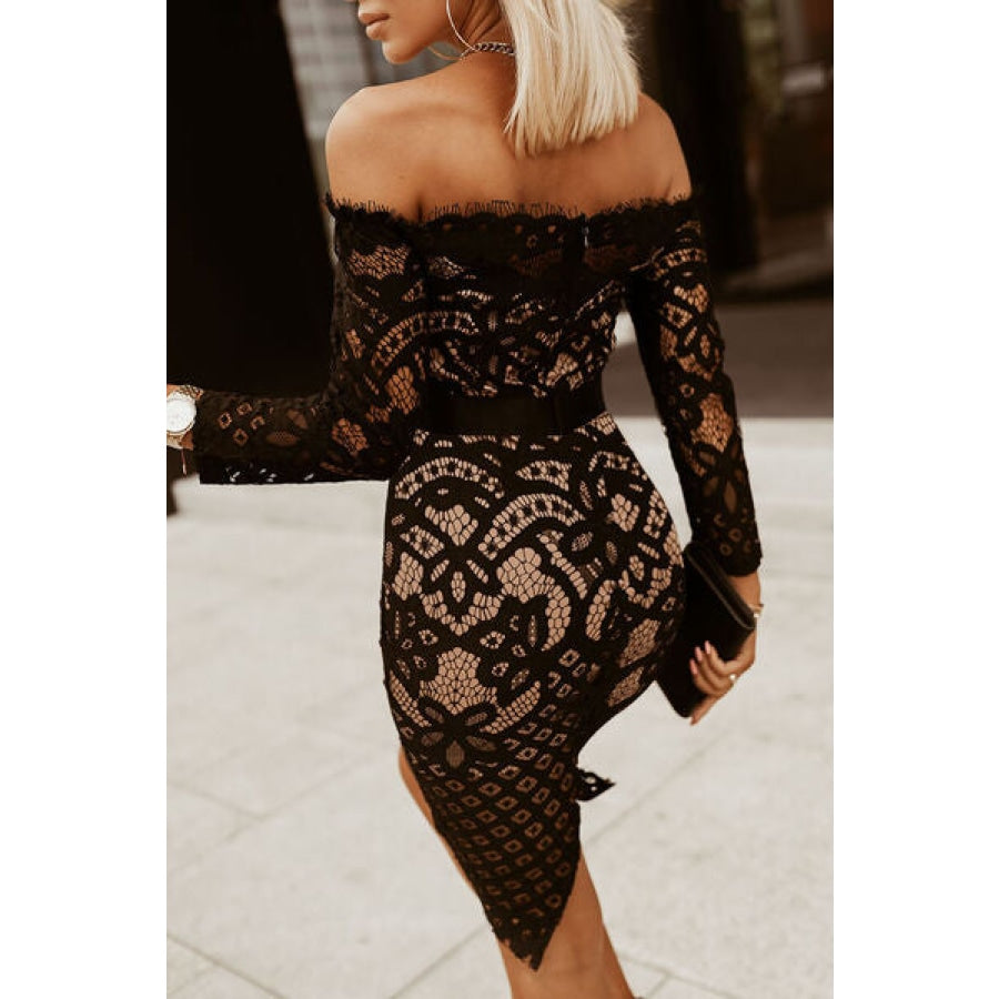 Off-Shoulder Long Sleeve Lace Dress Clothing