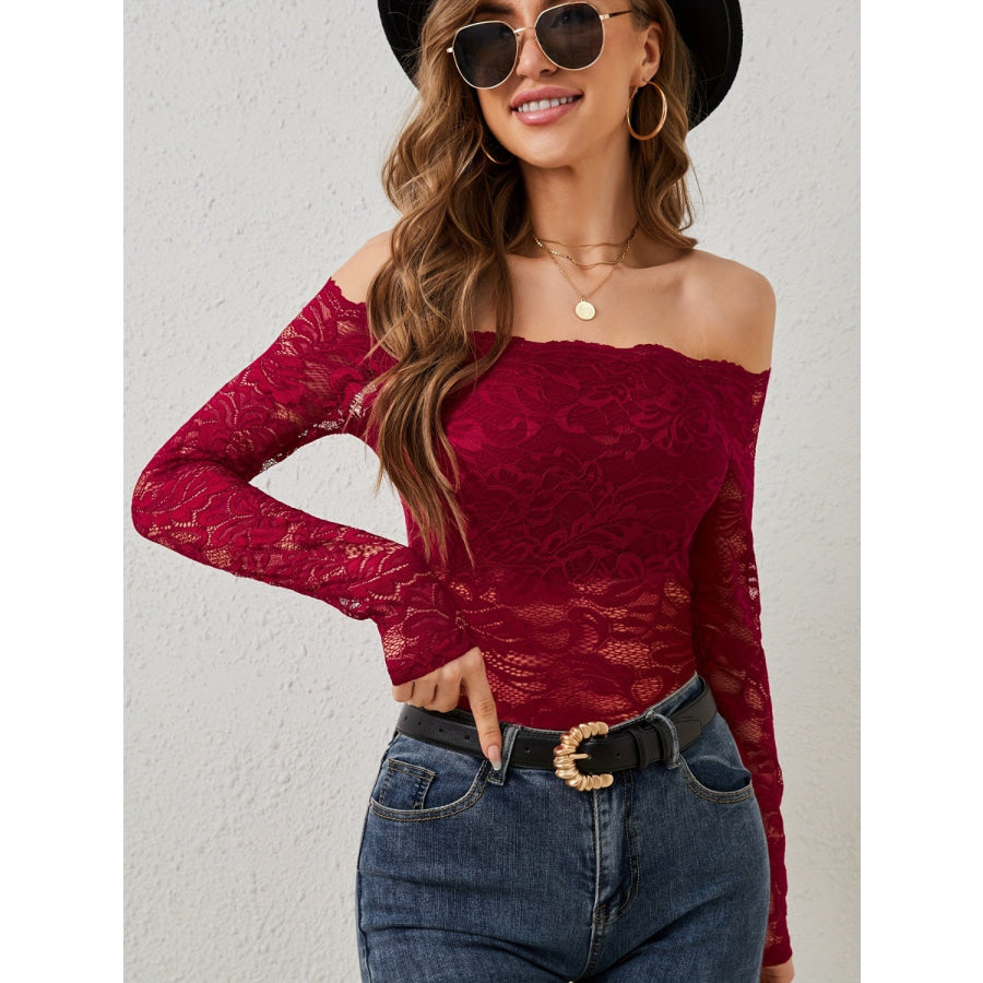 Off-Shoulder Long Sleeve Lace Top Apparel and Accessories