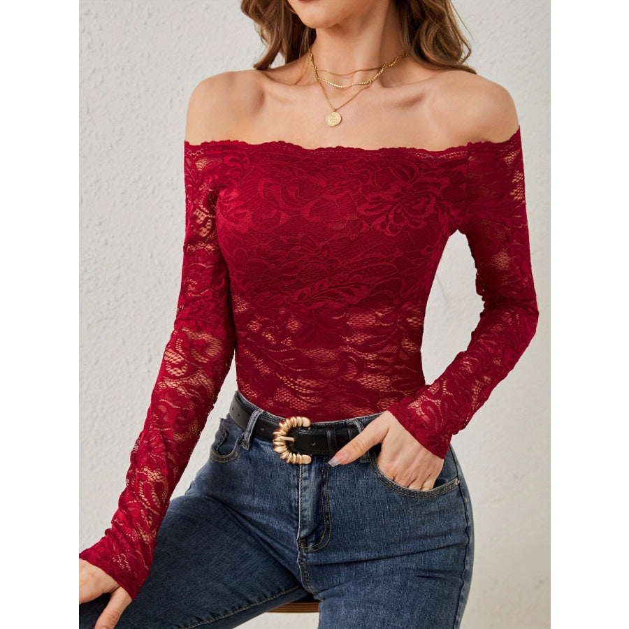 Off-Shoulder Long Sleeve Lace Top Scarlet / S Apparel and Accessories