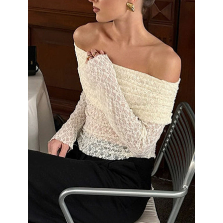 Off Shoulder Long Sleeve Lace Top Beige / S Apparel and Accessories
