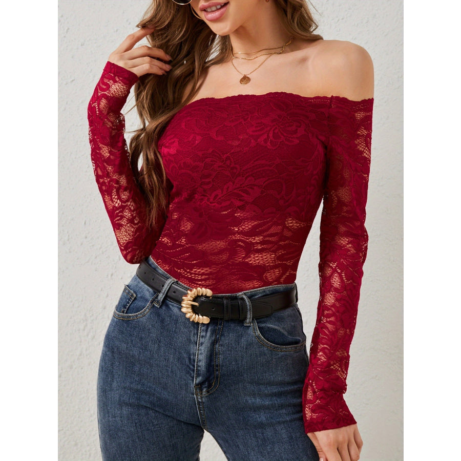 Off-Shoulder Long Sleeve Lace Top Scarlet / S Apparel and Accessories