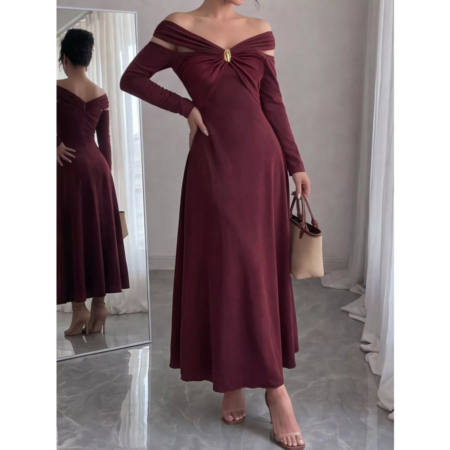 Off-Shoulder Long-Sleeve Maxi Dress Burgundy / M Apparel and Accessories
