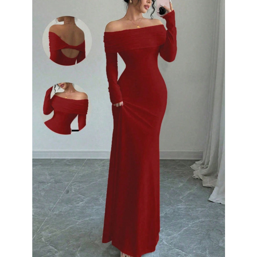 Off-Shoulder Long Sleeve Maxi Dress Burgundy / S Apparel and Accessories