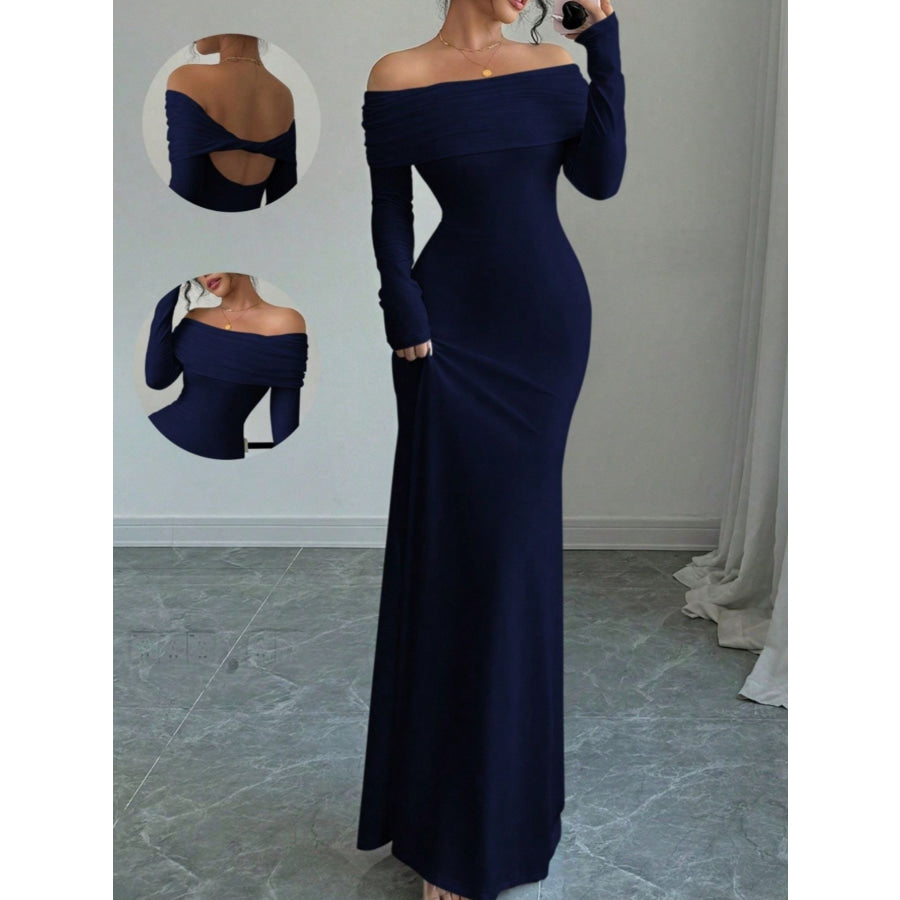 Off-Shoulder Long Sleeve Maxi Dress Navy Blue / S Apparel and Accessories