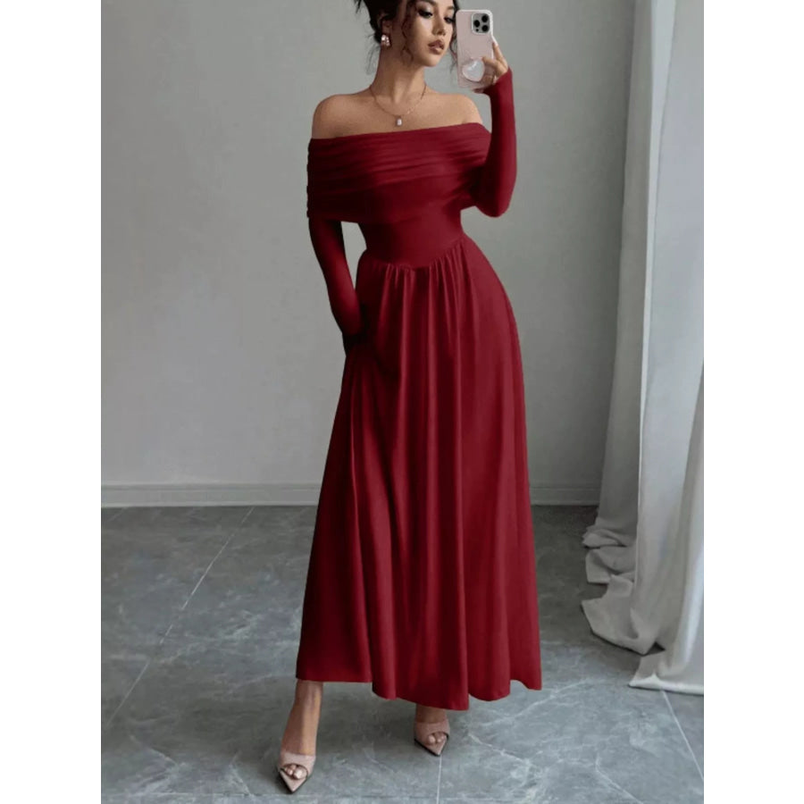 Off-Shoulder Long Sleeve Maxi Dress Red / S Apparel and Accessories