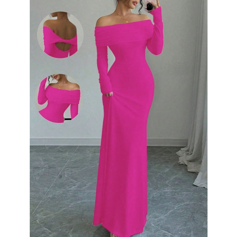 Off-Shoulder Long Sleeve Maxi Dress Rose Red / S Apparel and Accessories