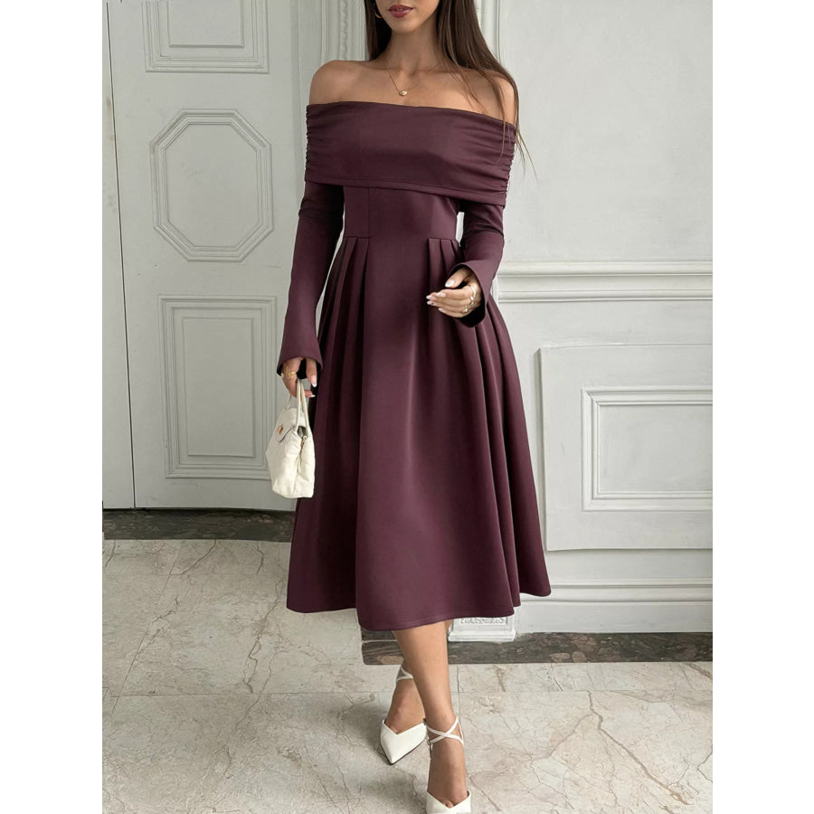 Off-Shoulder Long Sleeve Midi Dress Apparel and Accessories