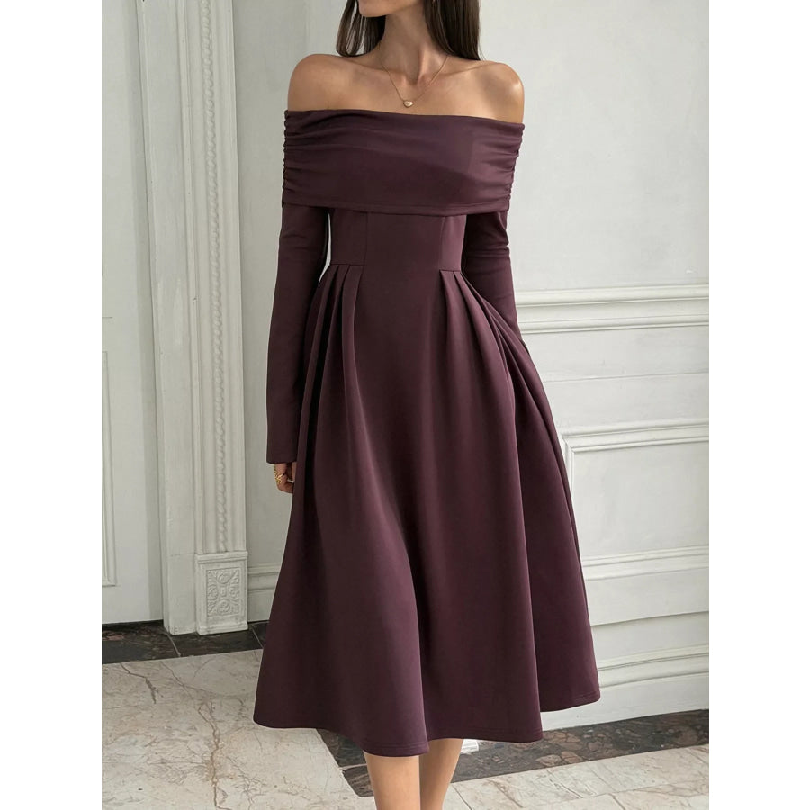 Off-Shoulder Long Sleeve Midi Dress Coffee Brown / S Apparel and Accessories