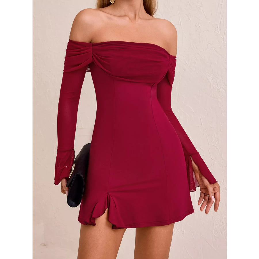 Off-Shoulder Long Sleeve Mini Dress Burgundy / XS Apparel and Accessories