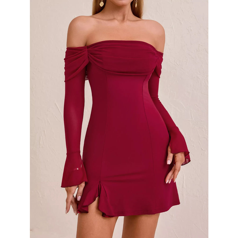 Off-Shoulder Long Sleeve Mini Dress Burgundy / XS Apparel and Accessories
