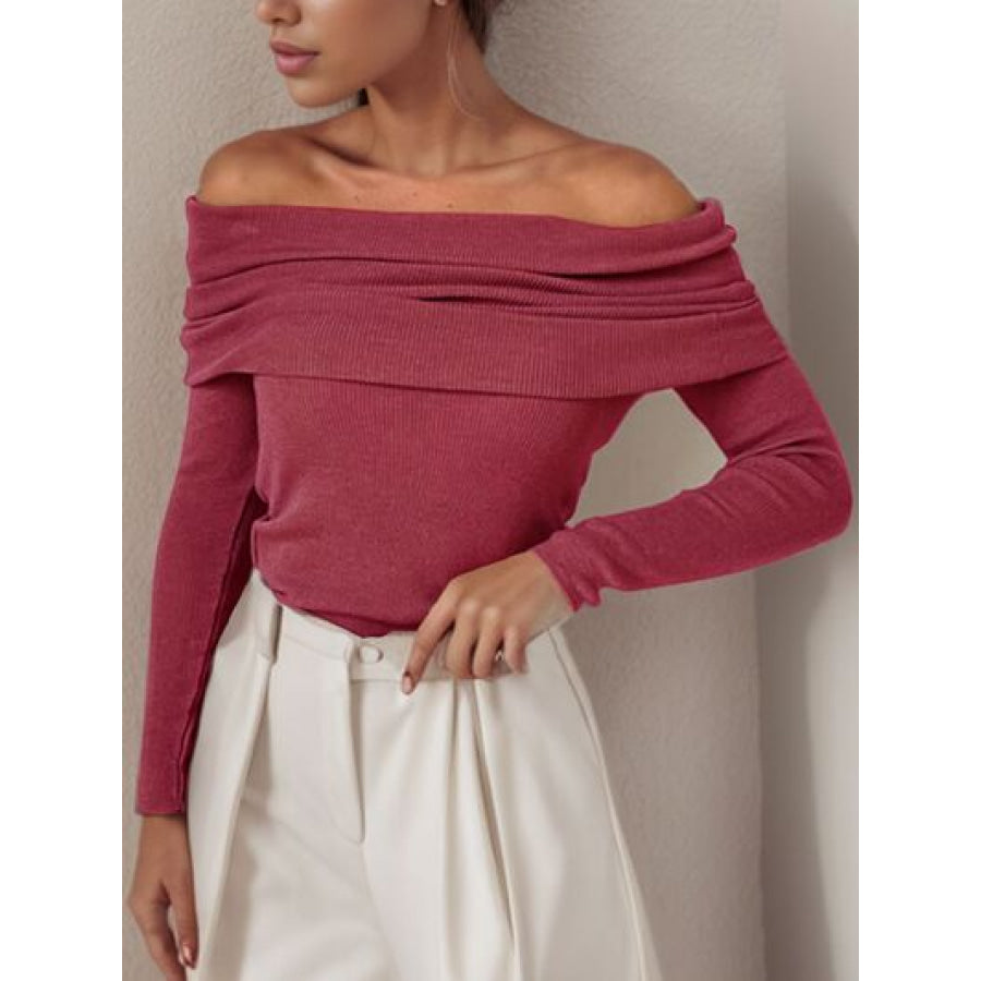 Off - Shoulder Long Sleeve Sweater Wine / S Apparel and Accessories