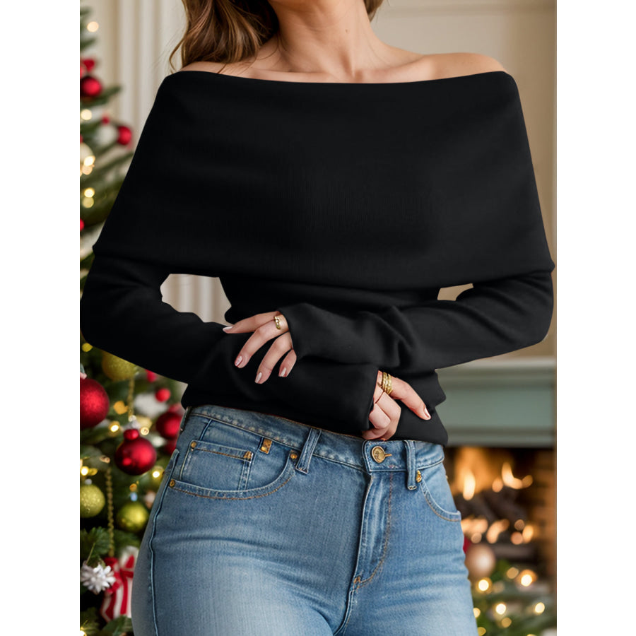 Off-Shoulder Long Sleeve Sweater Black / One Size Apparel and Accessories