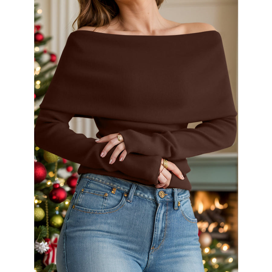 Off-Shoulder Long Sleeve Sweater Brown / One Size Apparel and Accessories