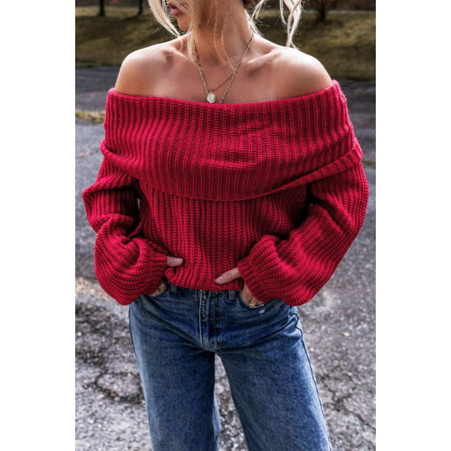 Off-Shoulder Long Sleeve Sweater Deep Red / S Apparel and Accessories