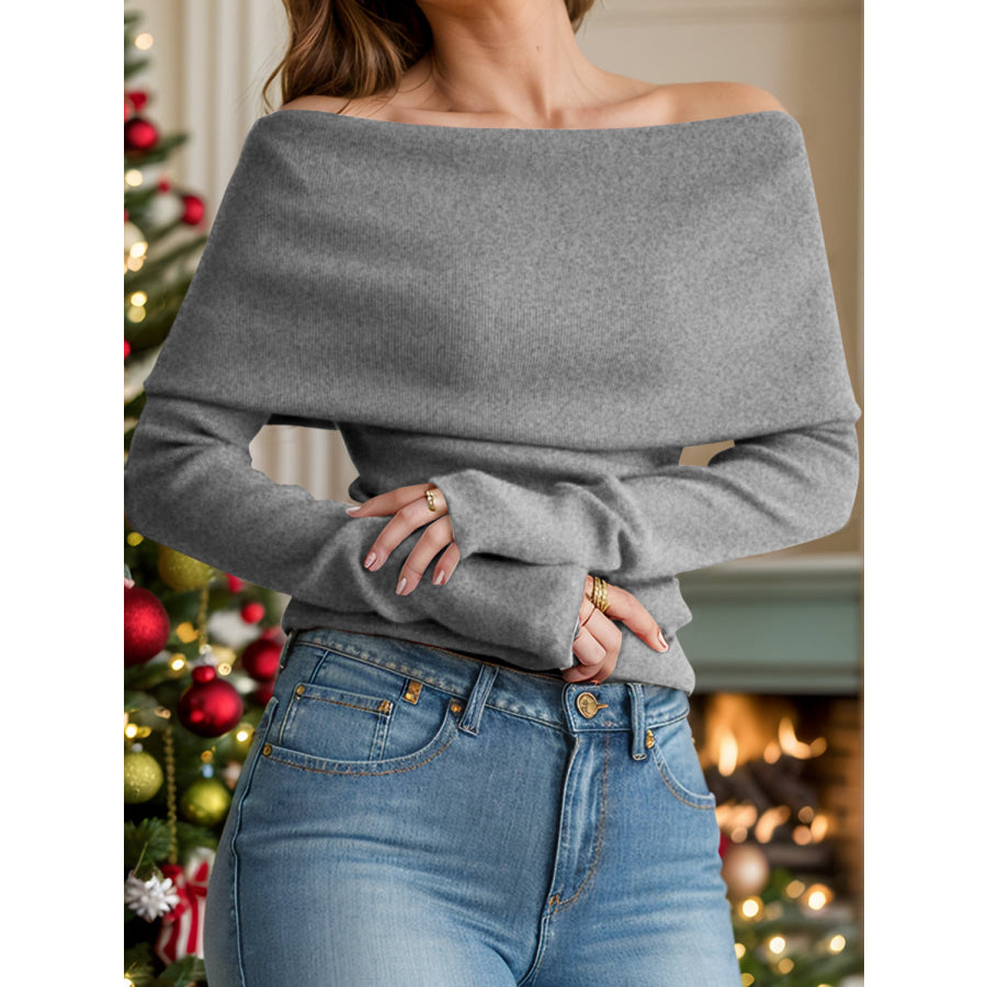 Off-Shoulder Long Sleeve Sweater Gray / One Size Apparel and Accessories